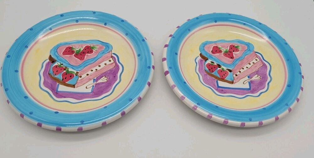 2 Vth Hausenware Mary Jane Mitchell 7.5" Dessert Lunch Plates Strawberry Cake